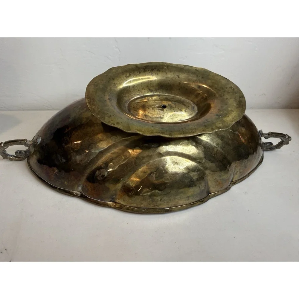 Vintage Hammered Brass Console Fruit Bowl with Side Handles & Scalloped Sides